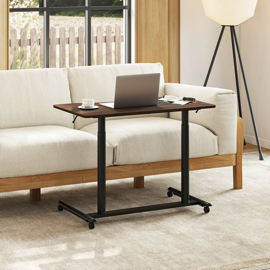C-Shaped Mobile Standing Desk with Adjustable Height and Lockable Wheels-Brown