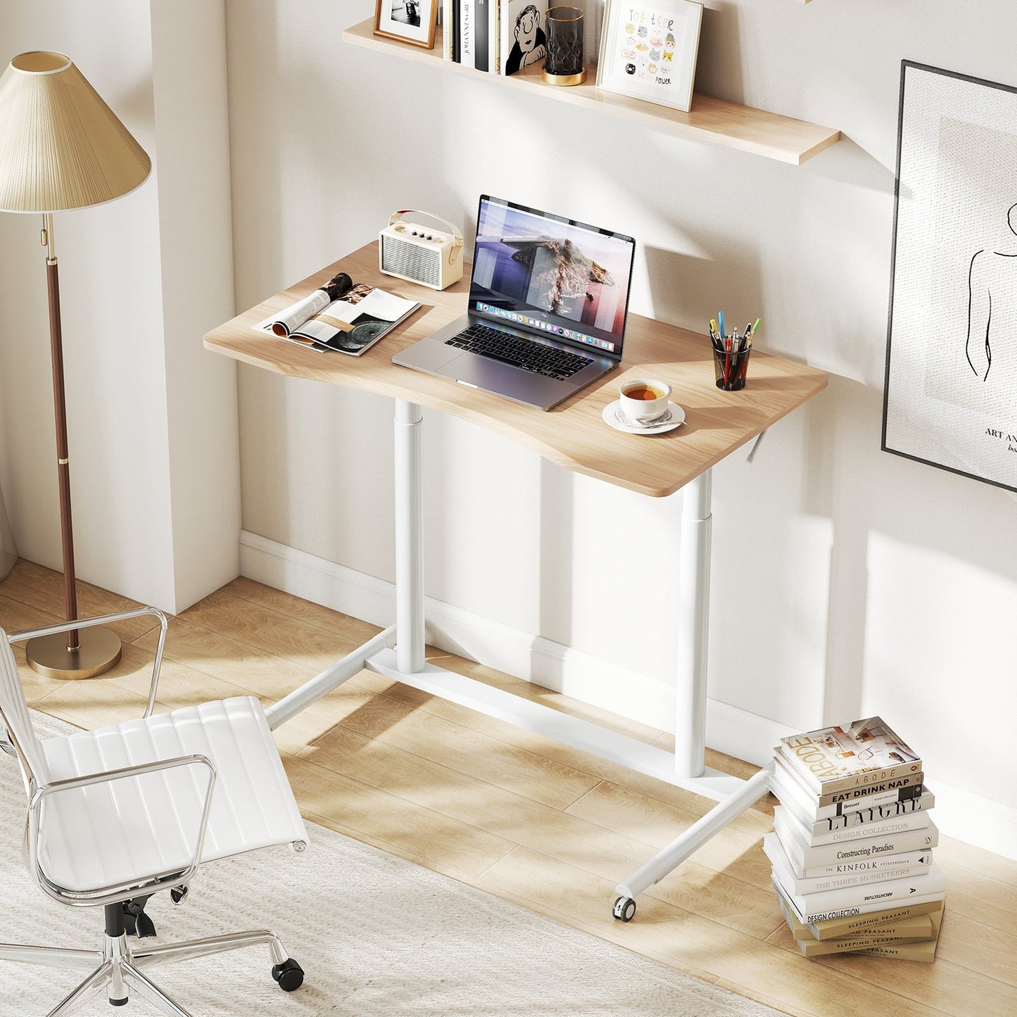 C-Shaped Mobile Standing Desk with Adjustable Height and Lockable Wheels-Natural