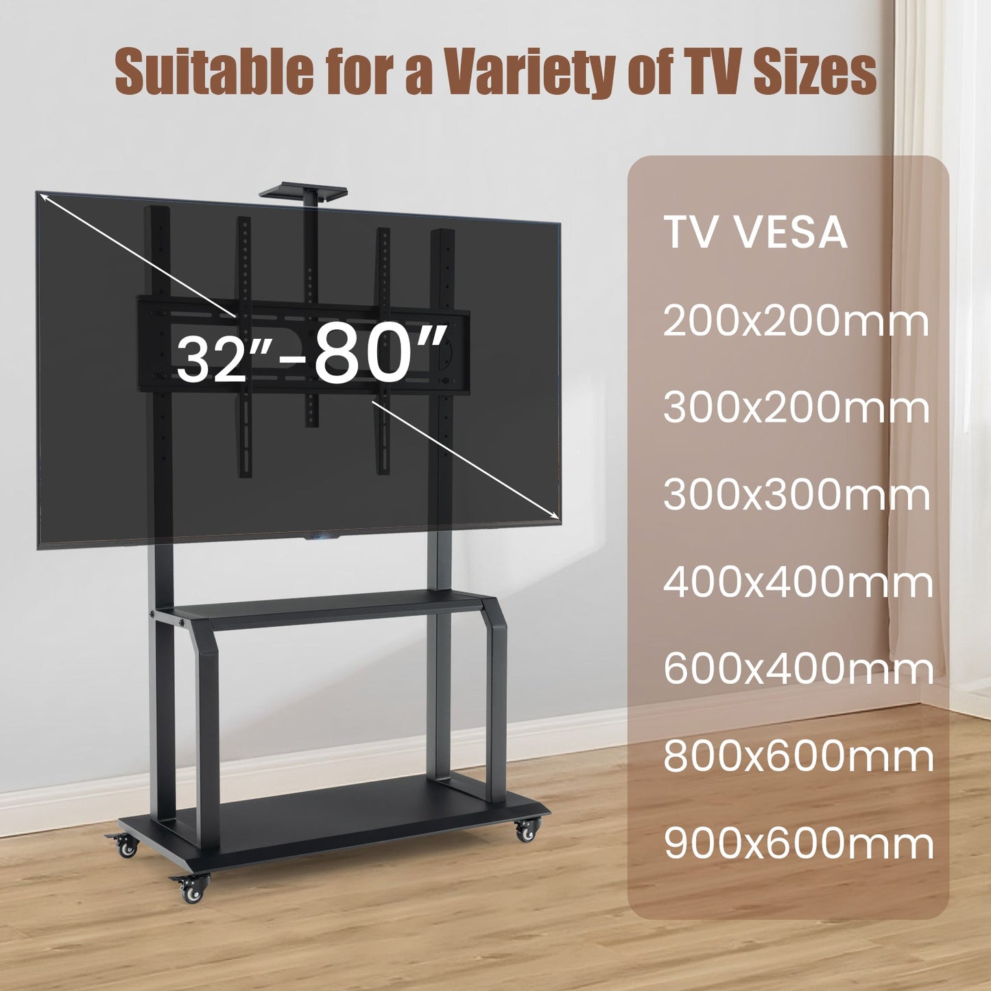 Mobile TV Stand Rolling TV Cart with Camera Shelf and AV Shelves