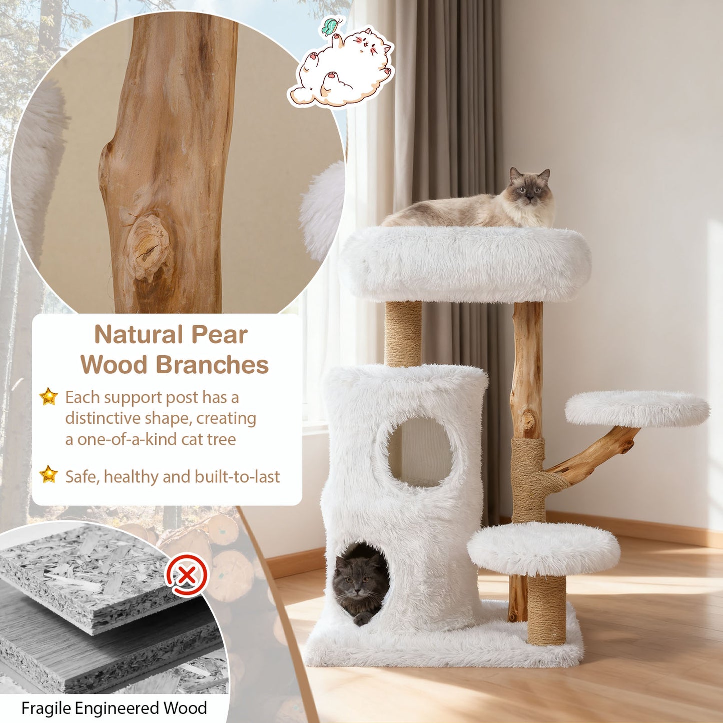 Modern Cat Tree for Indoor Cats 93CM Cat Tower with Real Solid Wood Branches-White