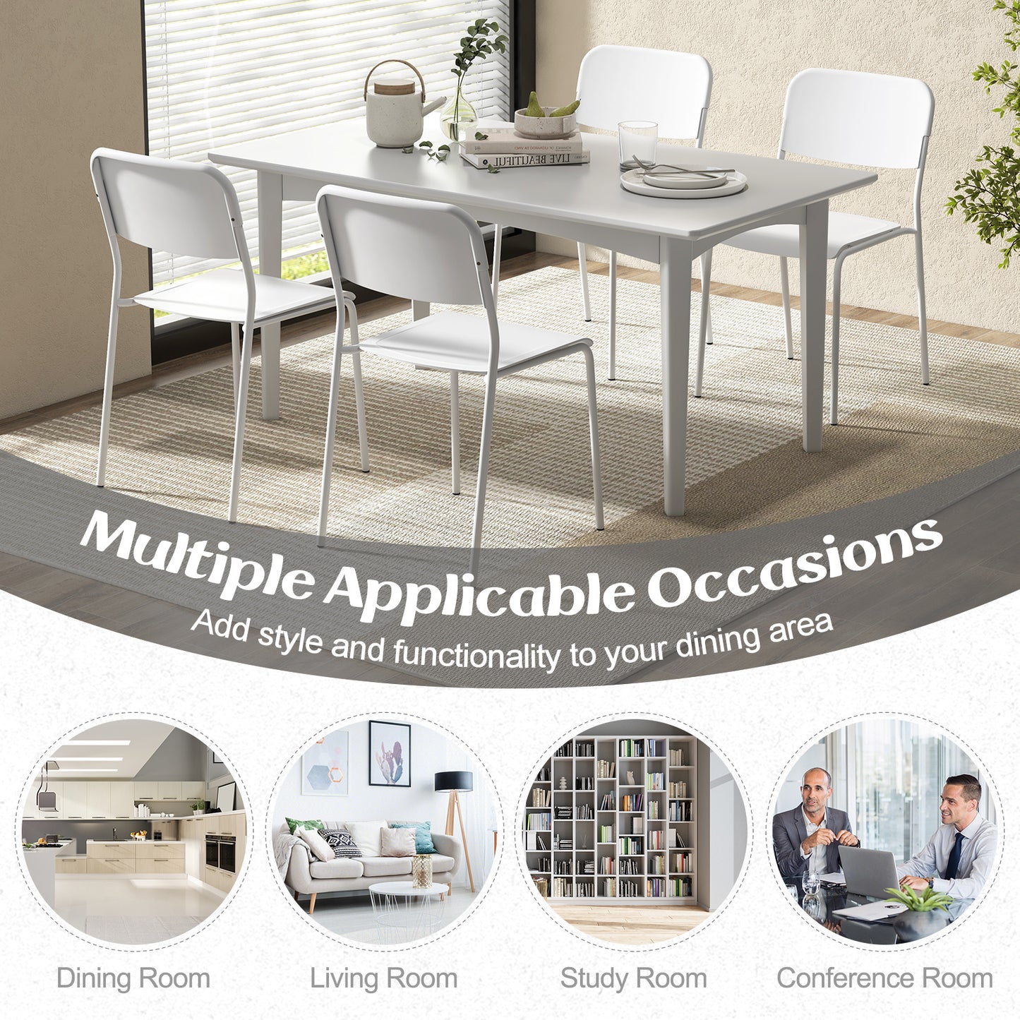 Modern Dining Chairs Set of 8 with Tilted Backrest and Sturdy Metal Legs-White