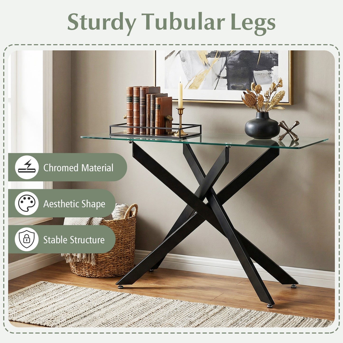 Modern Glass Console Table with Tempered Glass Top and Tubular Legs-Black