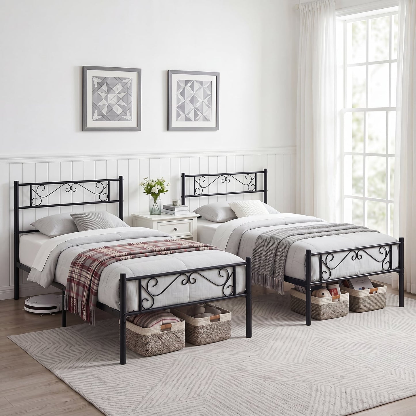 Modern Metal Bed Frame with Floral Headboard and Footboard-Black Single Size