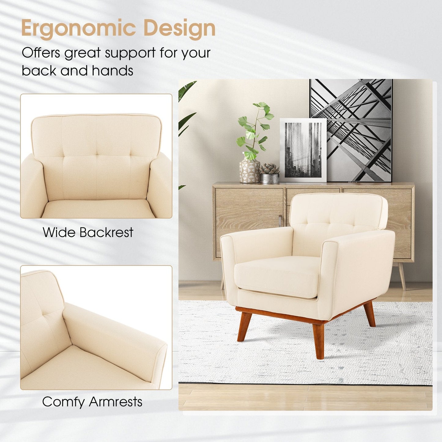 Modern Accent Armchair with Removable Padded Seat Cushion-Beige