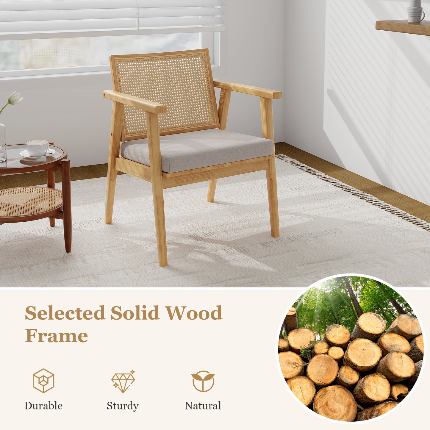 Modern Accent Chair with Solid Rubber Wood Frame-Natural