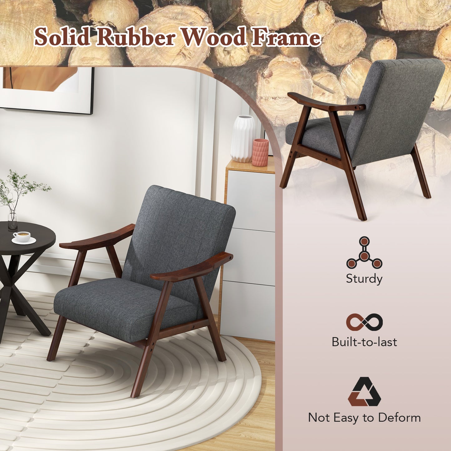 Modern Accent Chair with Armrests and Rubber Wood Frame-Light Grey