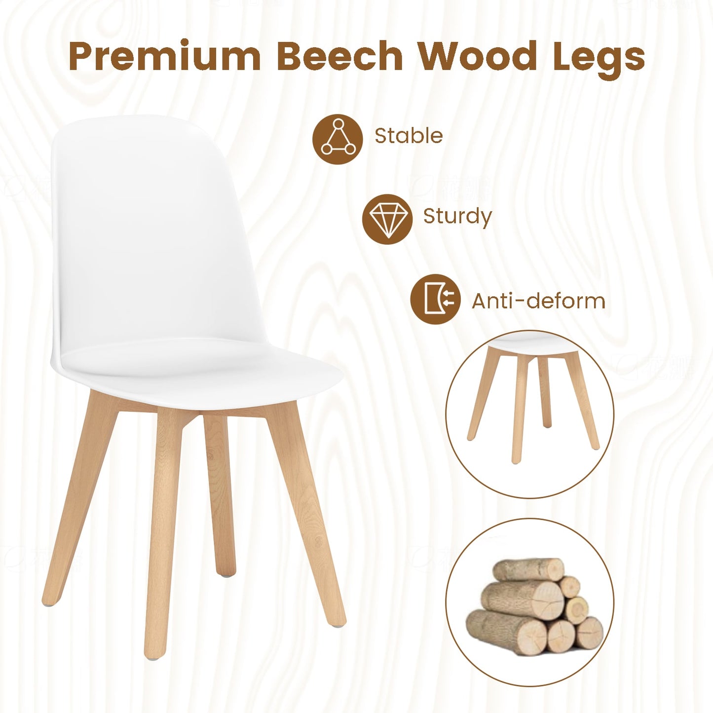 Modern Dining Chairs Set of 2 Armless Kitchen Chairs with Solid Beech Wood Legs-White