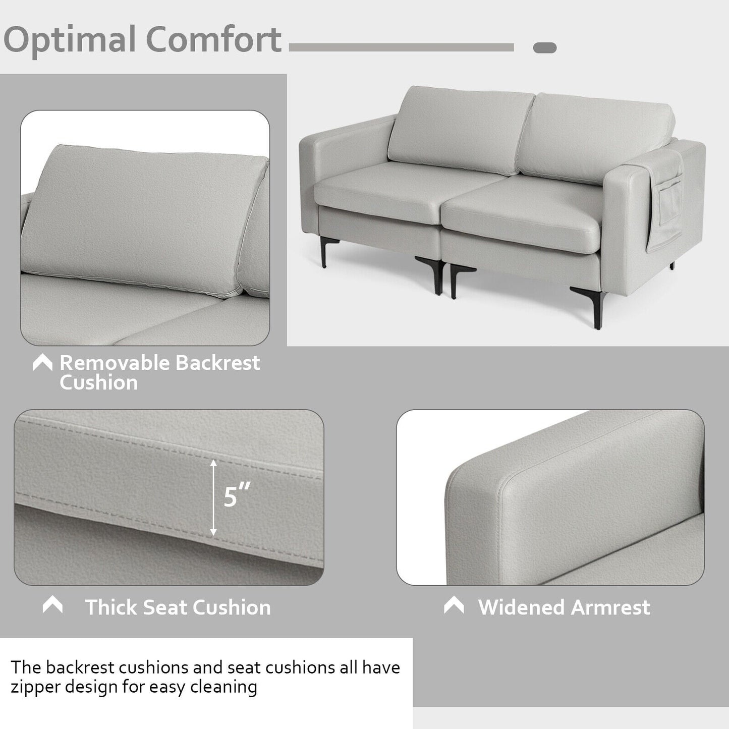 Modern Loveseat Sofa Couch with Side Storage Pocket-Light Gray