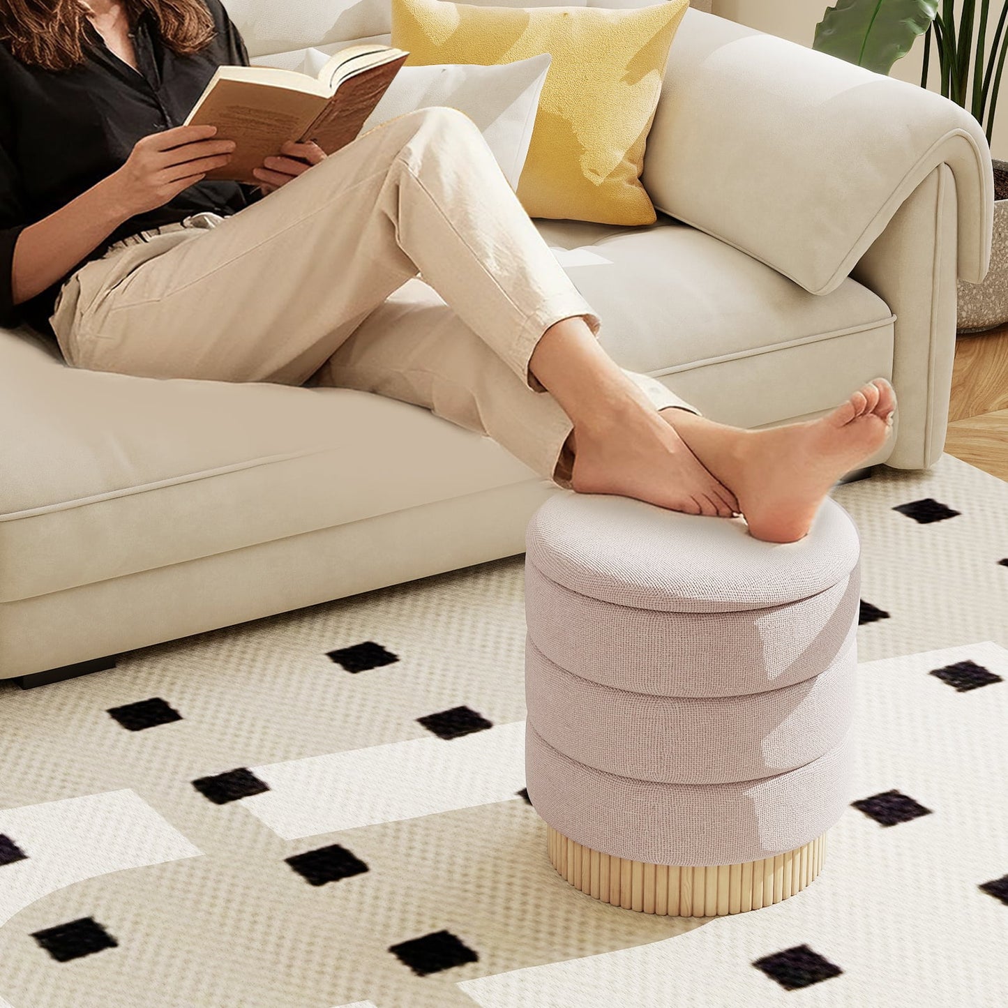 Modern Round Storage Ottoman with Removable Lid and Solid Wood Base-Beige