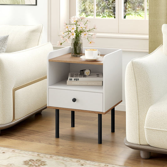 Modern Sofa Side Table with Drawer and Metal Legs for Small Spaces-White-1 Piece