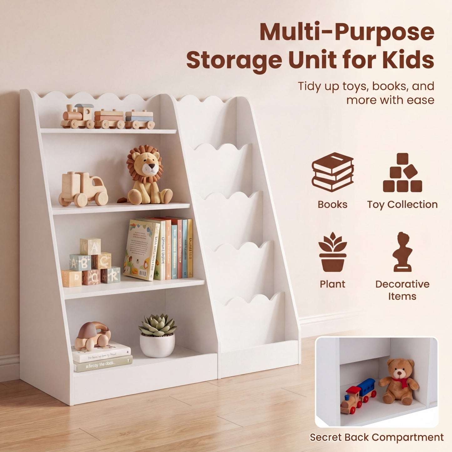 Montessori Kids Bookshelf with 5-Tier Scalloped Shelves for Nursery and Kids Room-White