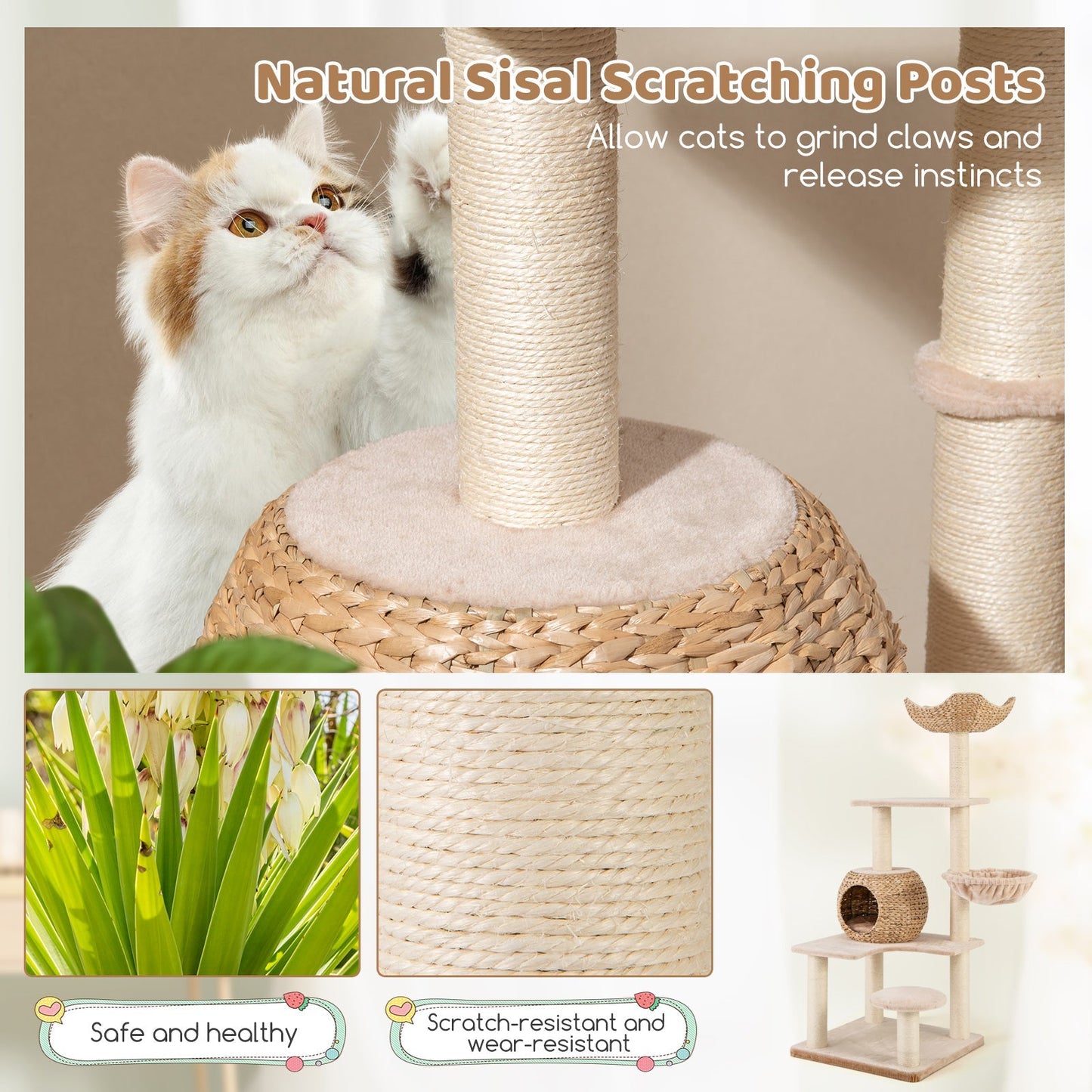 Multi-Level Cat Tree with Cattail Condo and Plush Perch-Beige