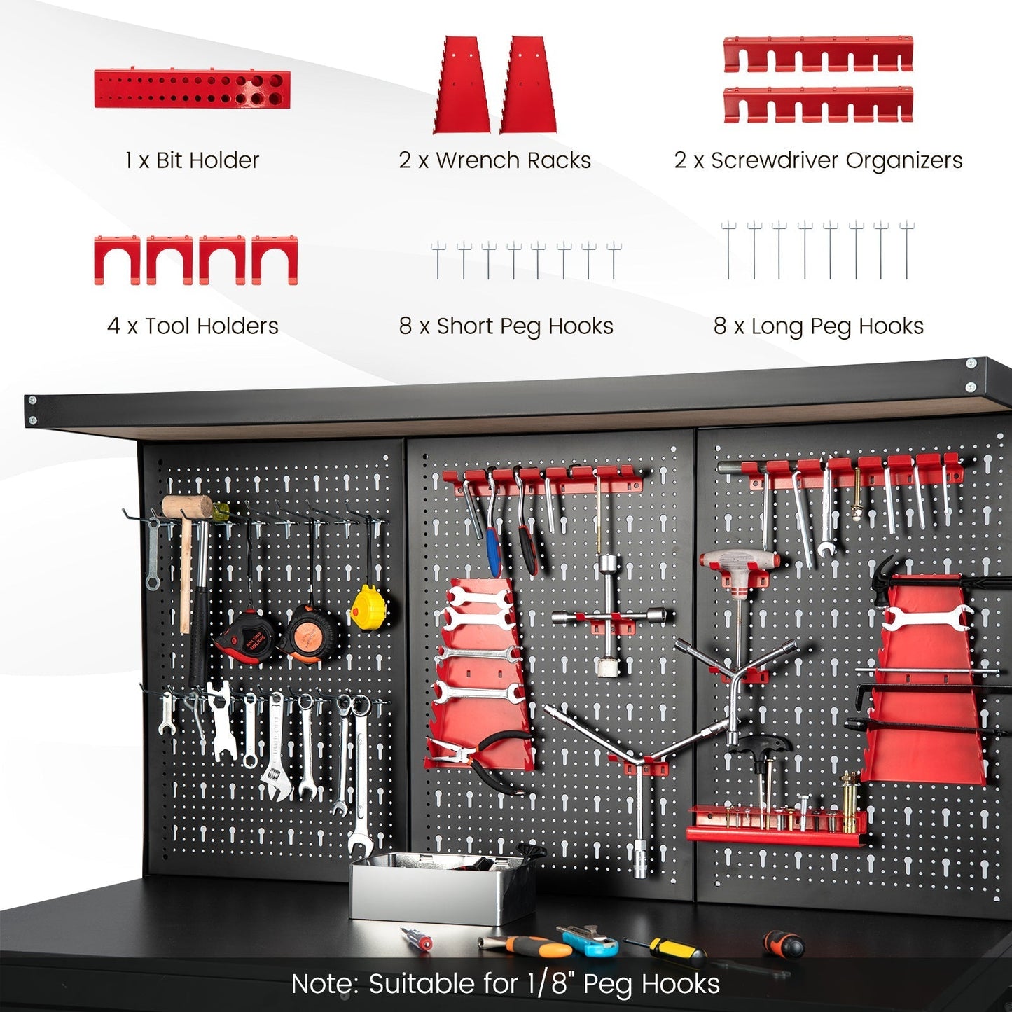 Multipurpose Garage Worktable with Pegboard and Drawers-Black