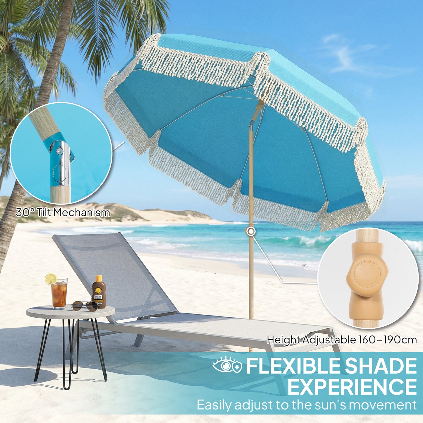 Outsunny 1.7 m Beach Umbrella with Sand Anchor, 30° Tilting Fringed Beach Garden Parasol with Adjustable Height, Grey