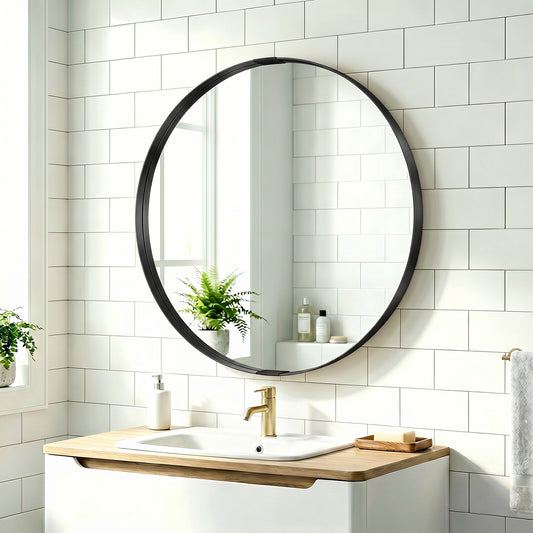 HOMCOM Round Wall Mirror 61 cm, Wall Mounted Bathroom Mirror with Tempered Safety Glass and Aluminium Alloy Frame, Black