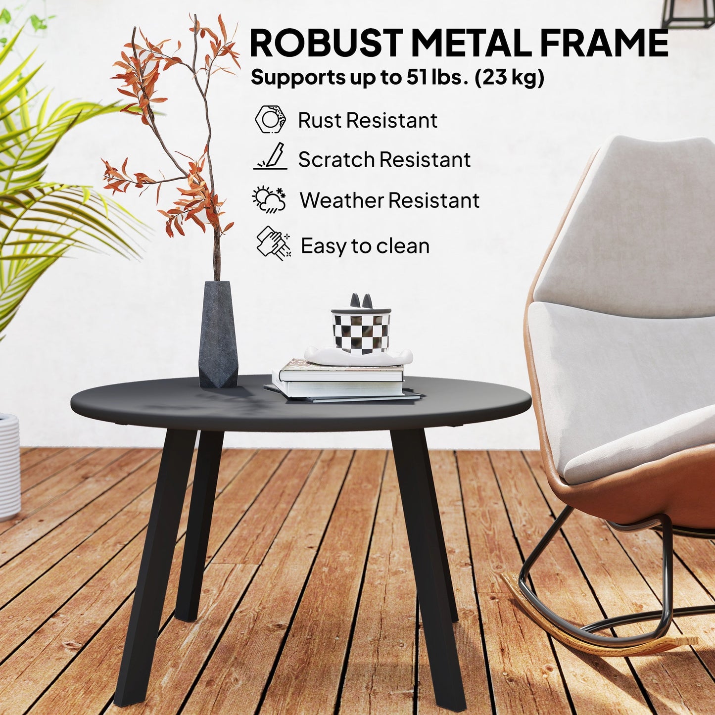 Outsunny 70cm Round Coffee Table, Outdoor Garden Table with Non-Slip Foot Pads and Metal Frame for Garden, Terrace, Balcony, Living Room, Black