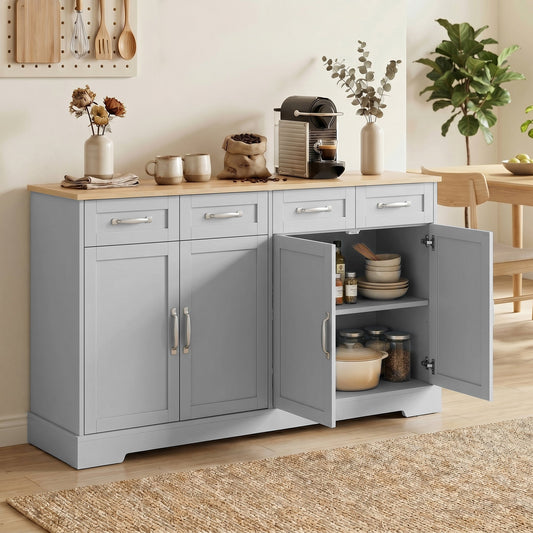 HOMCOM Sideboard Buffet Cabinet, 140 cm Kitchen Storage Cabinet with 4 Drawers, 4 Doors and 2 Adjustable Shelves, Grey