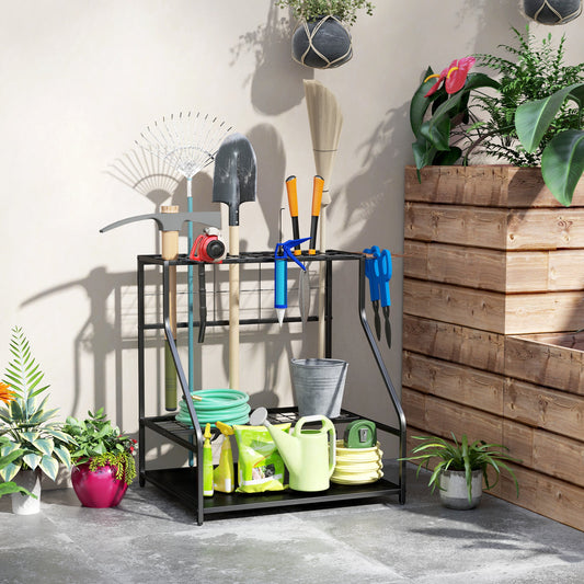 Outsunny Garden Tool Storage Rack, 3-Tier Garden Tool Rack with 11 Hooks for Long-Handled, Broom, Shovel, Rake, Holds 20 Tools