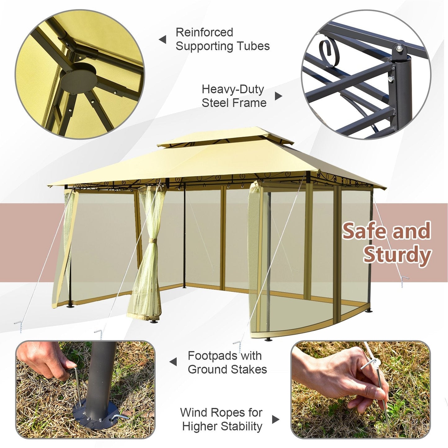 Garden Gazebo with Removable Mesh Side Walls for Patio Backyard -Beige