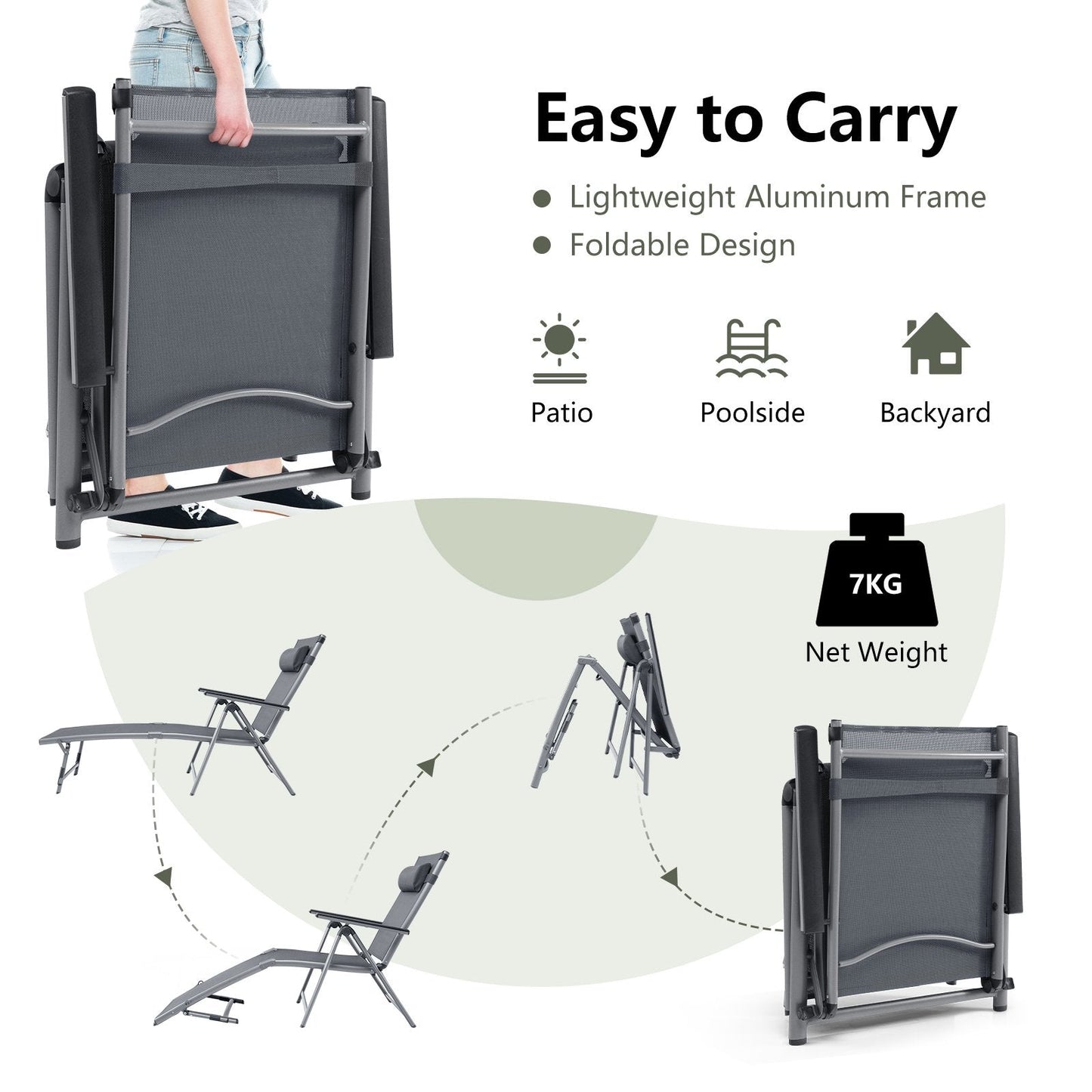 Outdoor Folding Chaise Lounge Chair with 8-Level Adjustable Backrests