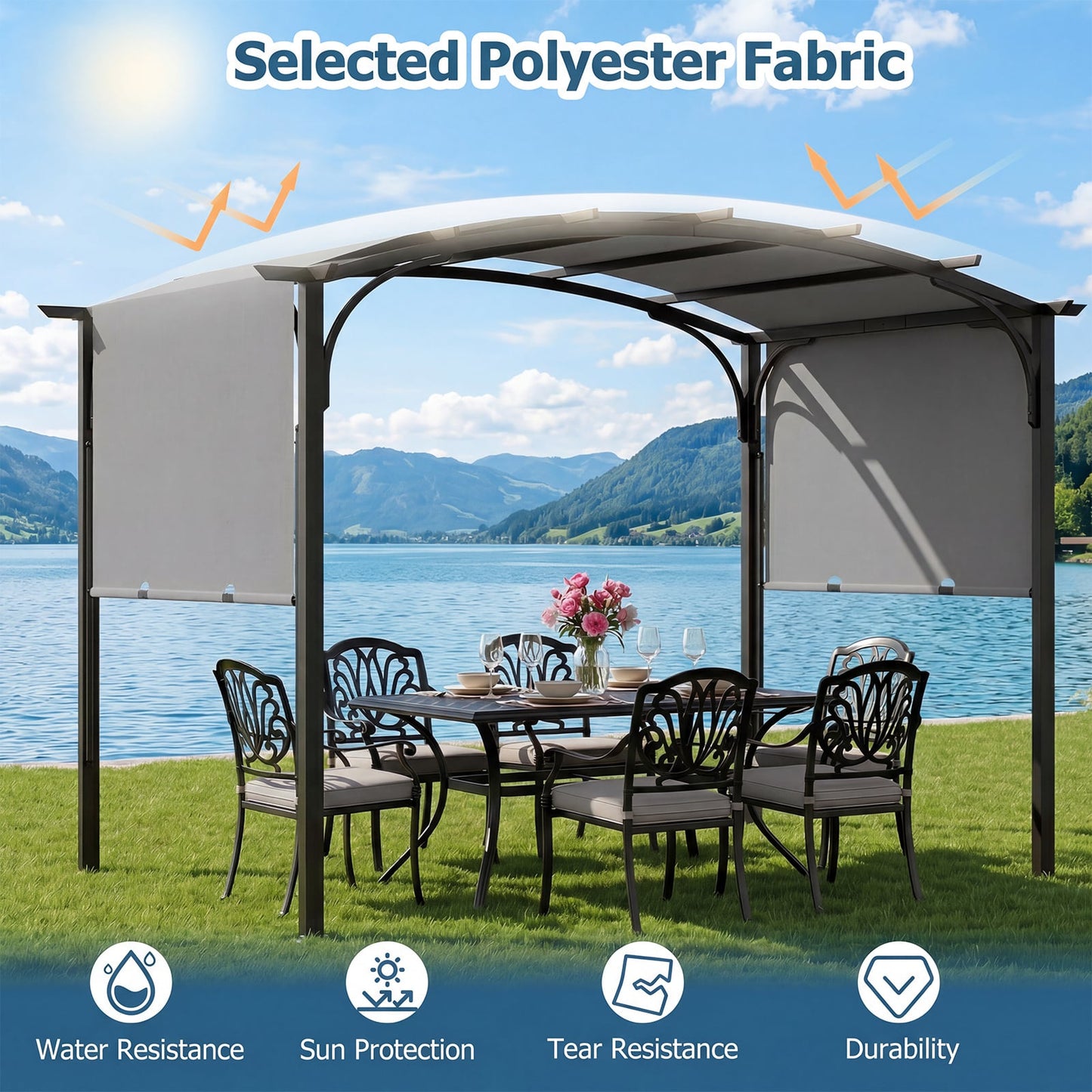 305 x 242 cm Outdoor Retractable Pergola with Metal Frame and Polyester Fabric-Grey