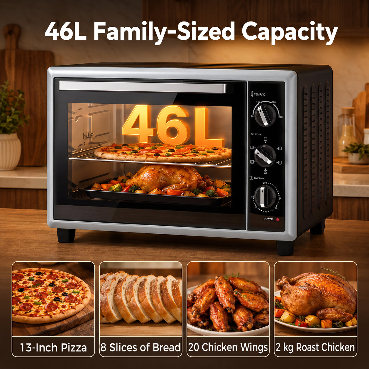 HOMCOM 46L Mini Oven with Convection with Rotisserie, 90-230°C Adjustable Temperature, 60 Minute Timer, 1800 W, Black
