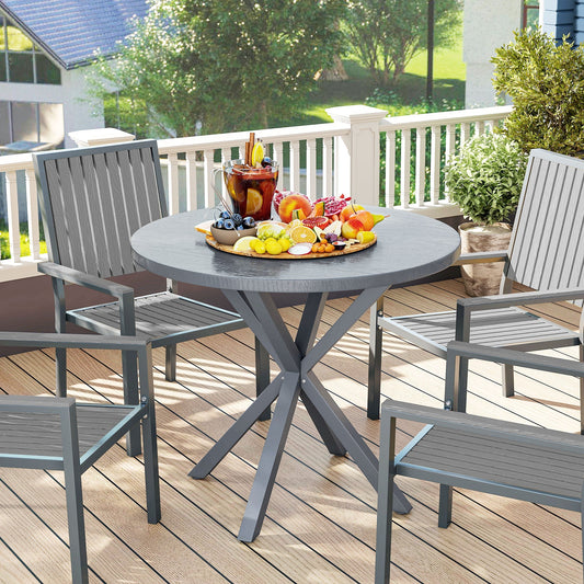 Outsunny Garden Table, 85cm Round Outdoor Dining Table with Steel Frame, Wood Effect Top, for Balcony, Deck, Dark Grey