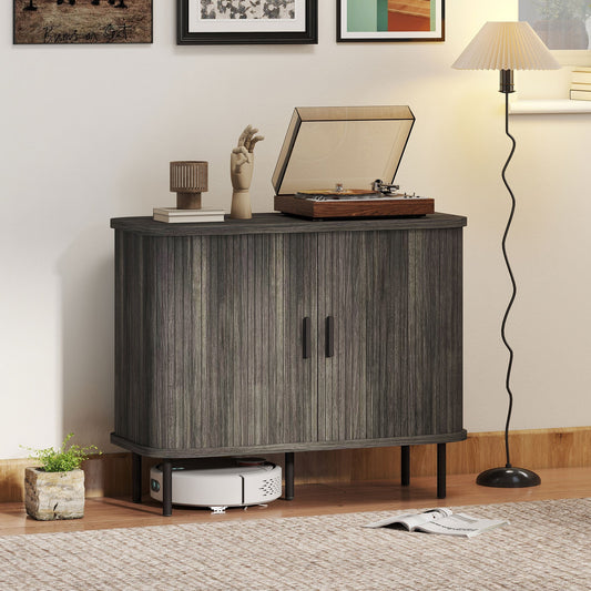 HOMCOM Mid-Century Modern Sideboard Storage Cabinet with Slatted Tambour Sliding Doors, Kitchen Cabinet with Steel Legs, Grey