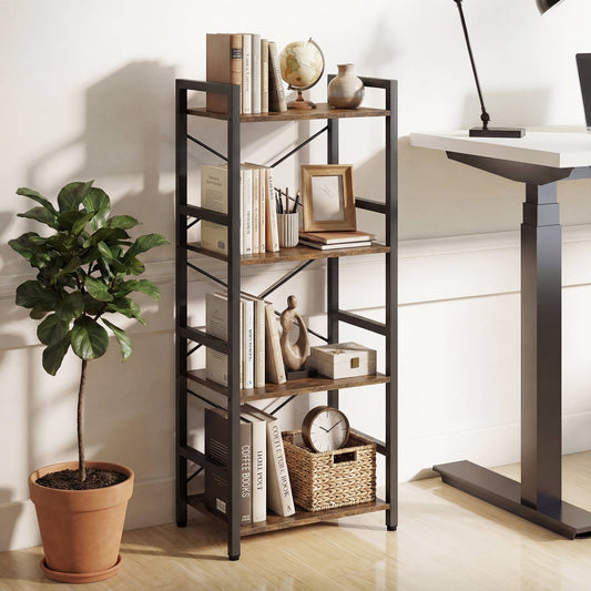 Narrow Bookshelf 4-Tier Freestanding Bookcase with Heavy-duty Metal Frame-RusticBrown