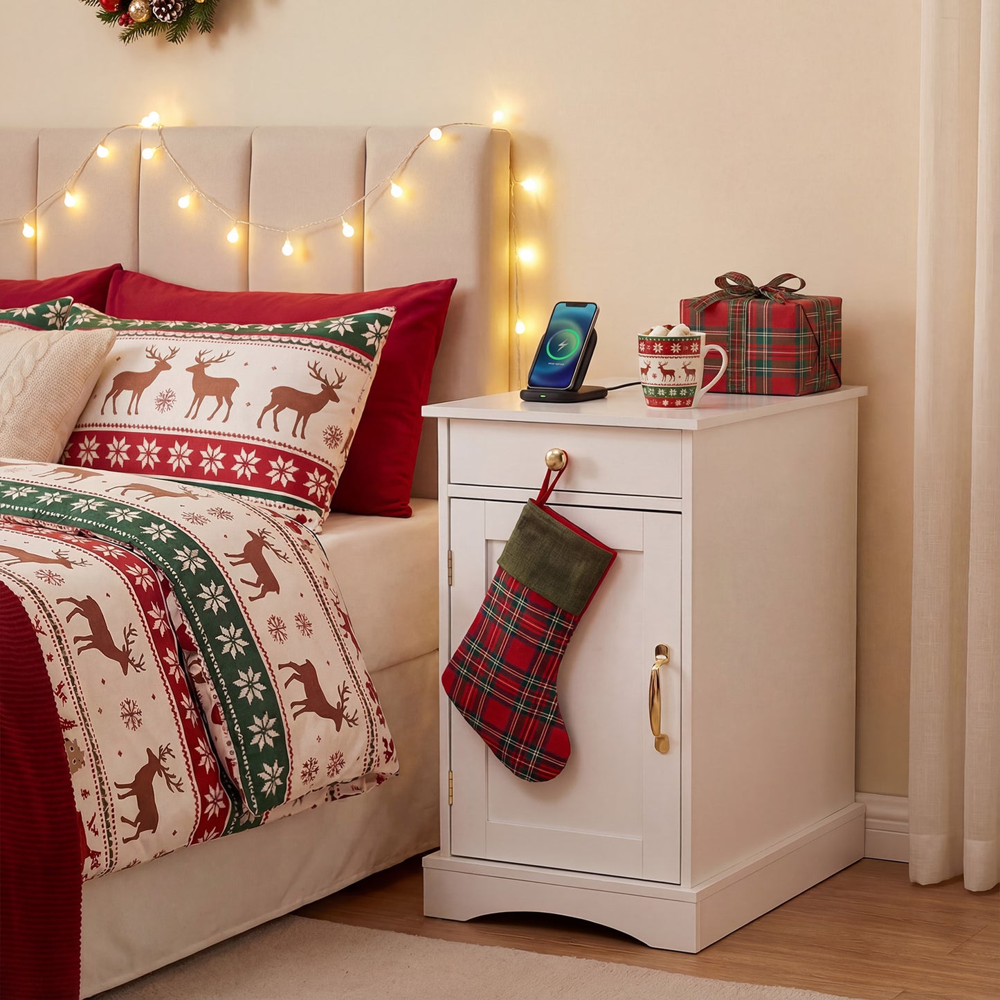 Narrow Nightstand Set of 2 with Charging Station and Drawer for Living Room Bedroom-White