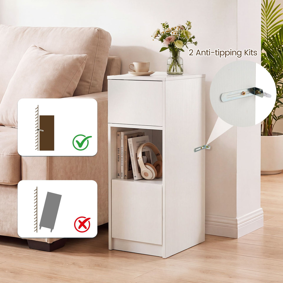 Narrow Nightstand with Drawer and 2 Storage Compartments for Small Spaces-White