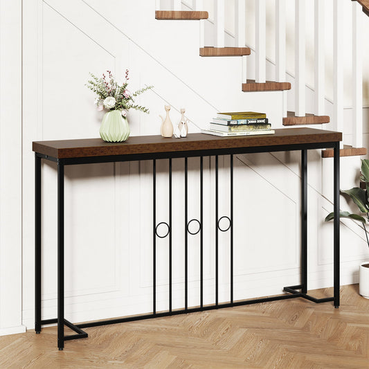 140CM Narrow Entryway Table with H-Shaped Base and Spacious tabletop-Rustic Brown
