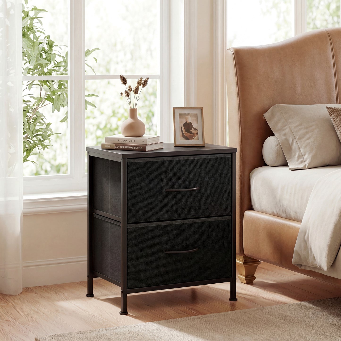 Nightstand Set of 2 End Table with Fabric Drawers for Bedroom-Black