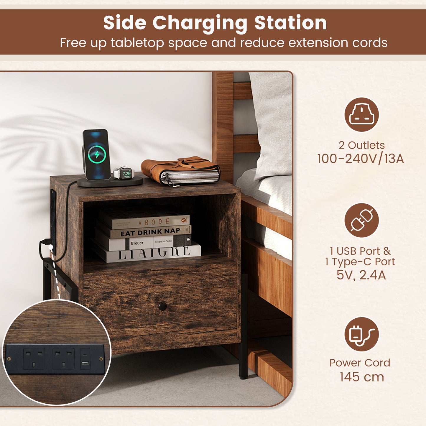 Nightstand with Charging Station 3-Tier Bedside Table with Drawer Set of 2-Brown