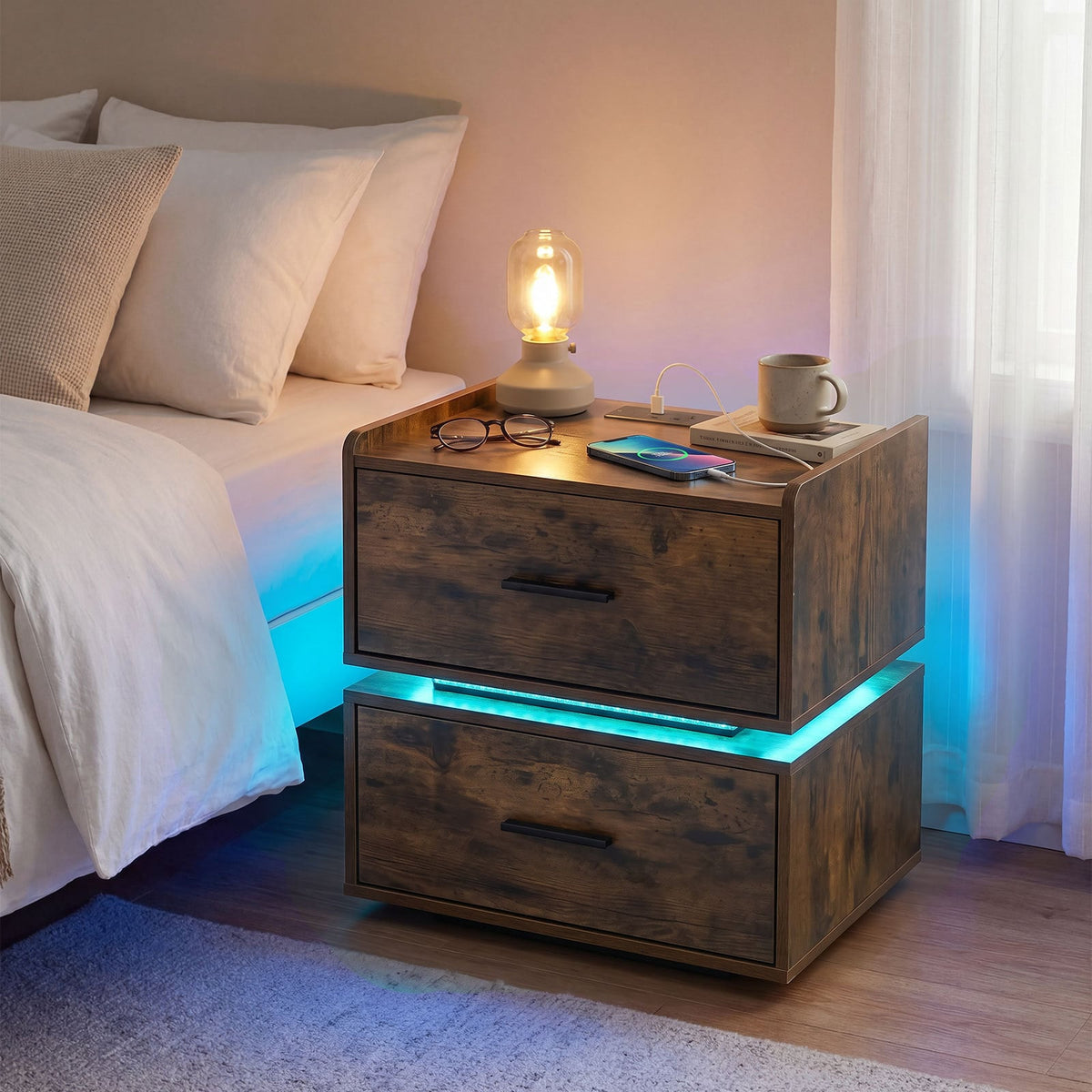 Nightstand Charging Station Storage Drawers-Rustic Brown
