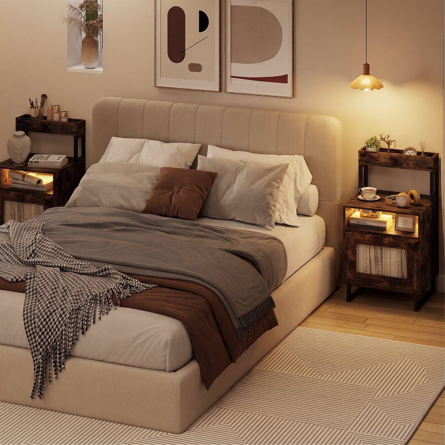 Nightstand with LED Lights Modern End Table with Top Tray-Rustic Brown