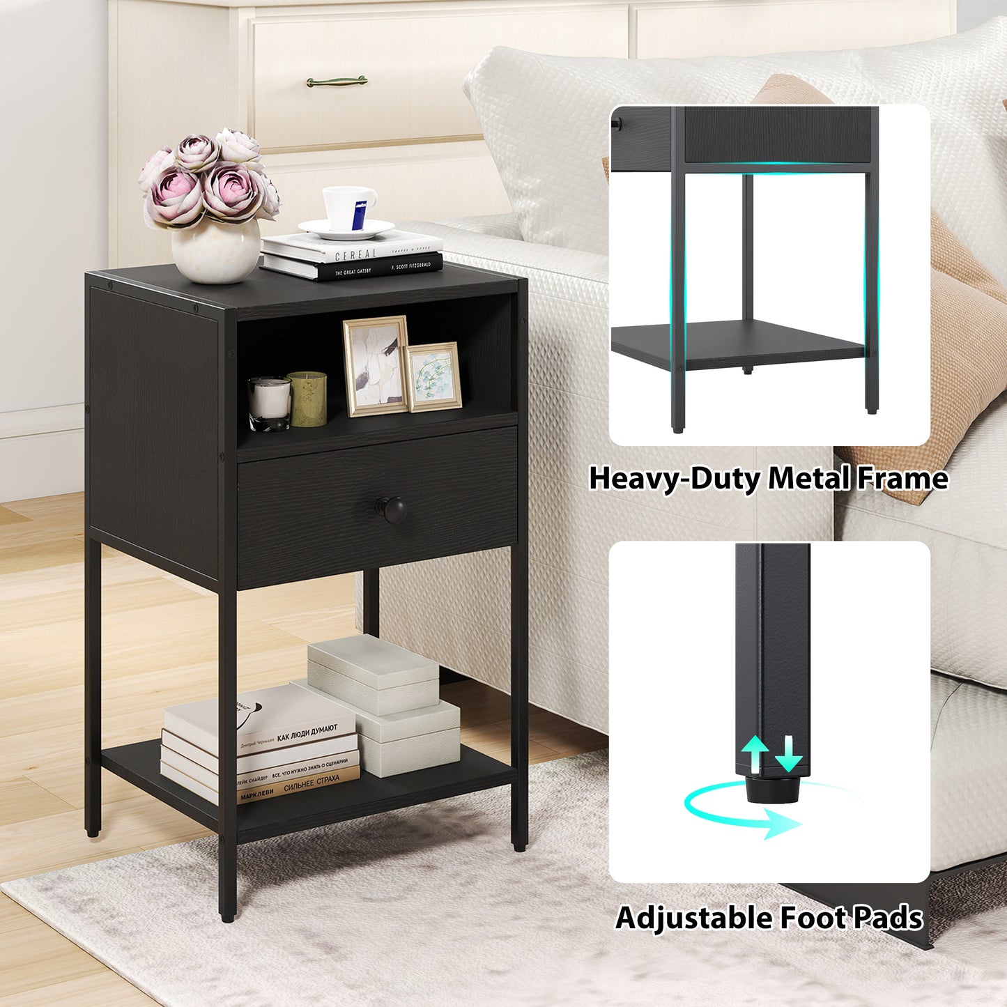 Nightstand with Open Compartment and Storage Shelf Set of 2-Black