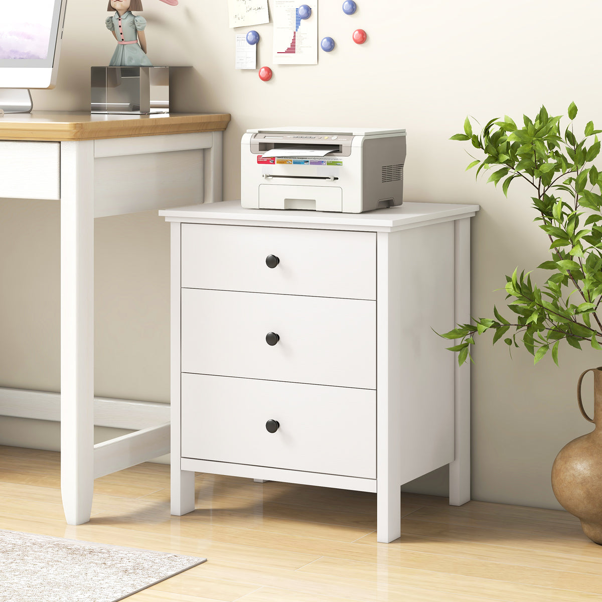Nightstand with 3 Drawer for Bedroom Compact Storage Chest-White