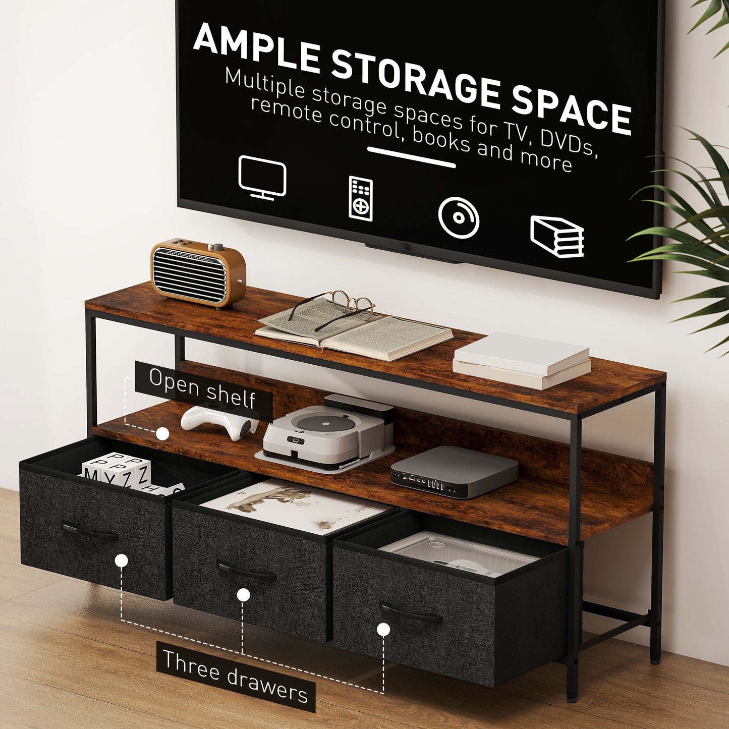 HOMCOM TV Stand Cabinet with 3 Foldable Drawers - Rustic Brown