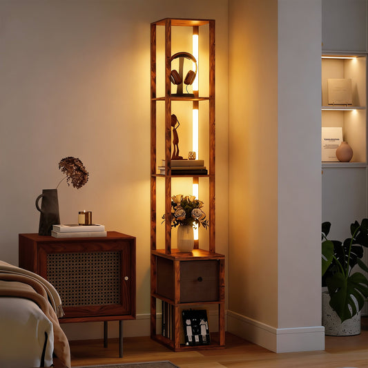 HOMCOM Floor Lamp with Shelves, LED Column Modern Standing Lamp with Fabric Drawer, Adjustable Brightness, Foot Switch for Living Room, Bedroom, Office, Rustic Brown