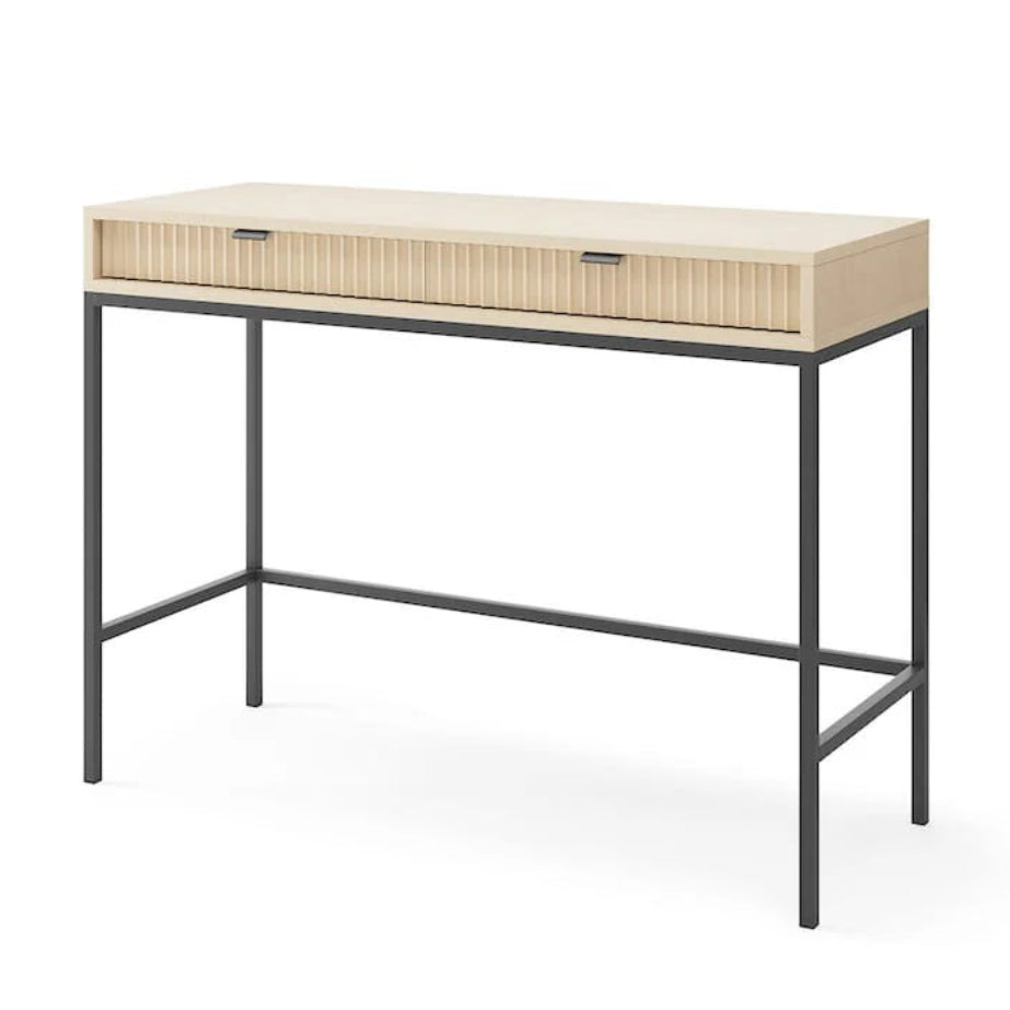 Minimalist desk with a light wood top and black metal frame on a white background