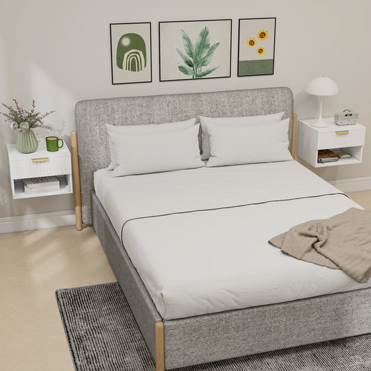 HOMCOM Floating Nightstands Set of 2, Modern Wall Mounted Bedside Tables with Fluted Drawer and Open Shelf for Bedroom, White