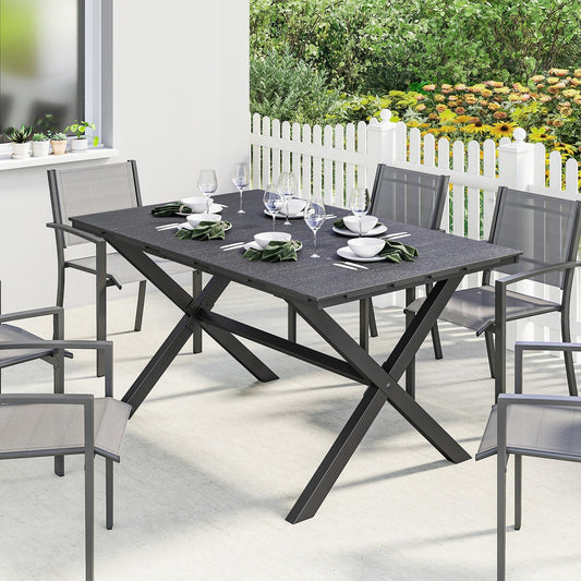 Outsunny Garden Dining Table for 6, Rectangular Outdoor Table with Wood Effect HDPE Top, X-Shaped Metal Legs, Black