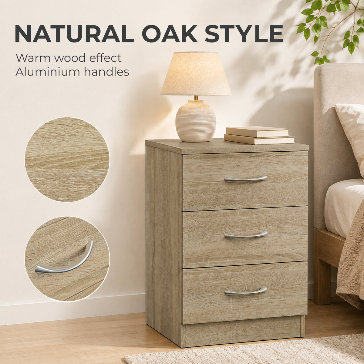HOMCOM Three-Drawer Simple Bedside Table - Oak
