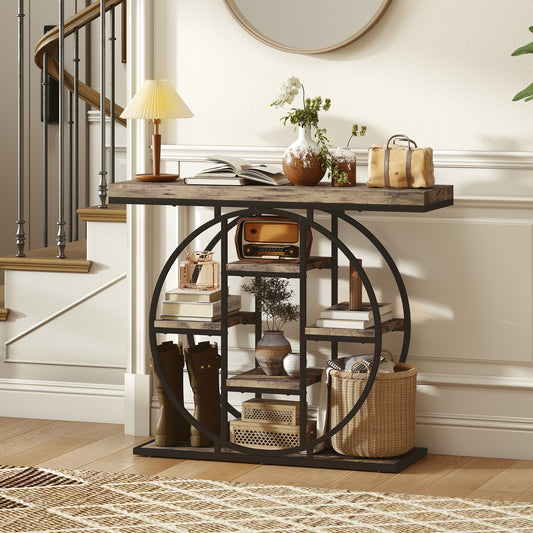 HOMCOM Industrial Console Table with Storage Shelves - Rustic Brown