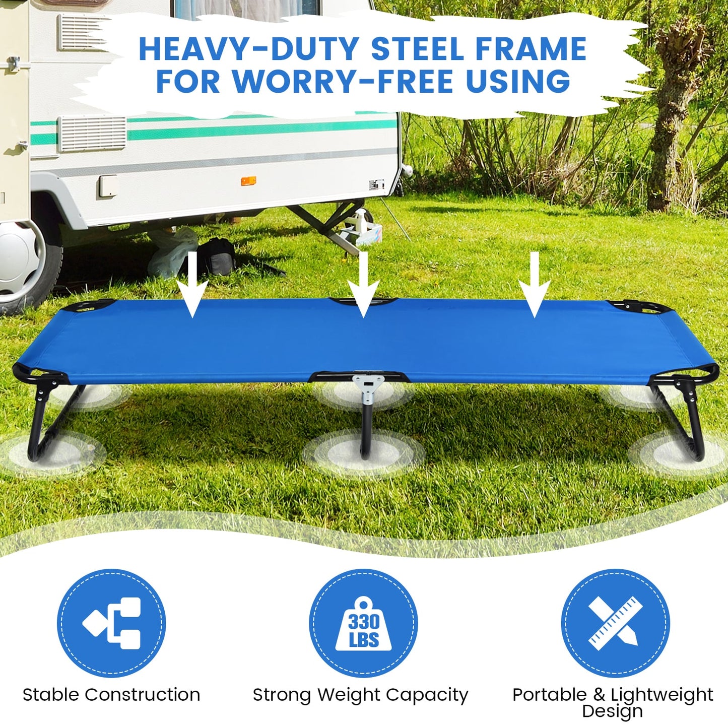 Folding Camping Bed with Non-slip Feet for Travel Patio Beach-Blue