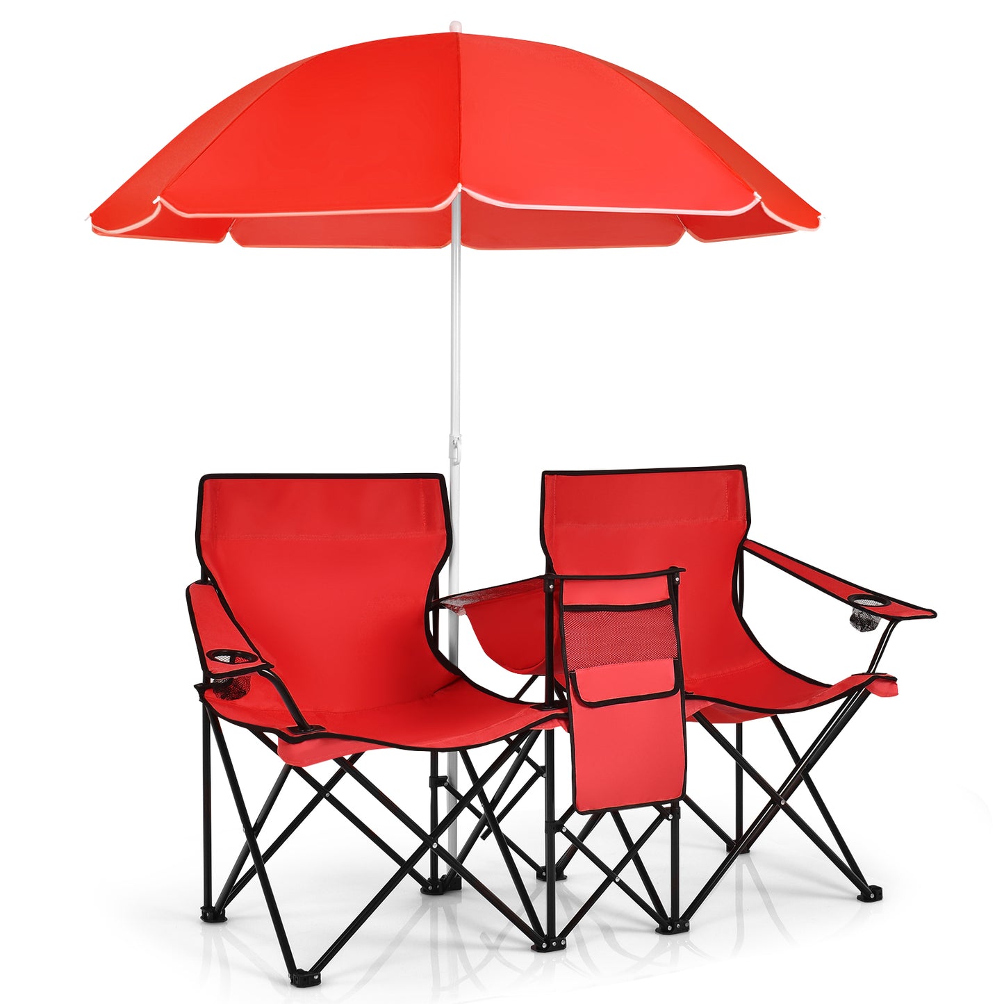Portable Double Camping Chair with Umbrella & Ice Bag-Red