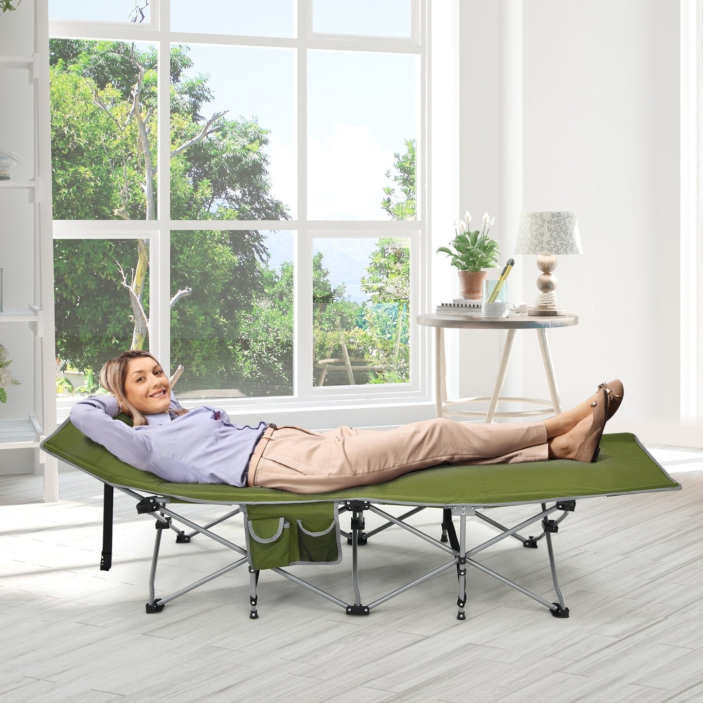 Folding Camping Cot with Detachable Headrest and Side Pocket-Green