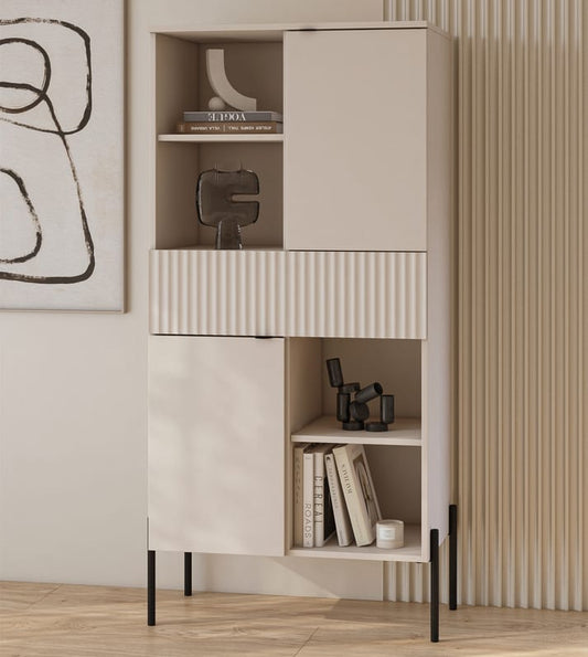 Modern cabinet with decorative items against a neutral wall