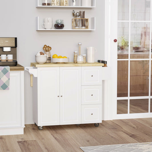 HOMCOM Drop-Leaf Kitchen Island on Wheels with Extendable Rubber Wood Worktop, Rolling Kitchen Storage Trolley, Utility Storage Cart with Drawers & Cabinet for Kitchen, Dining & Living Room, White